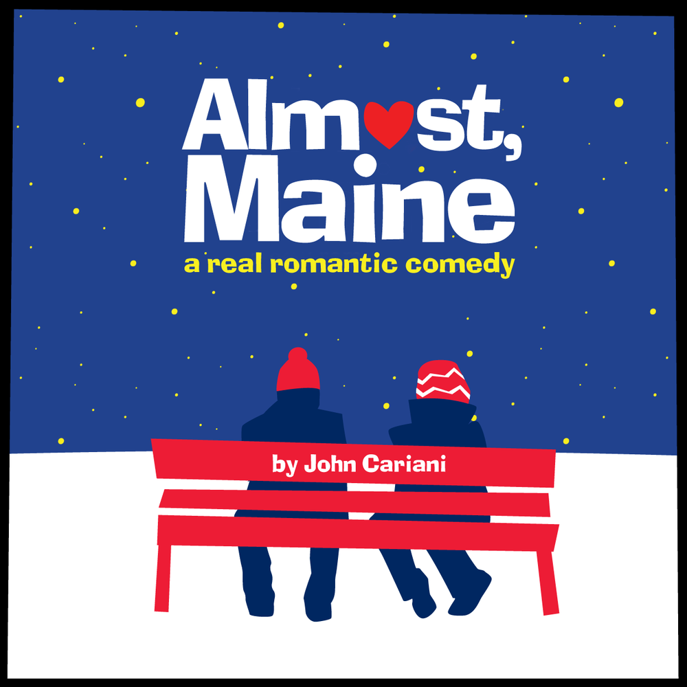  Flyer for show - blue sky with yellow starts, white snow, red bench with two silhouettes sitting